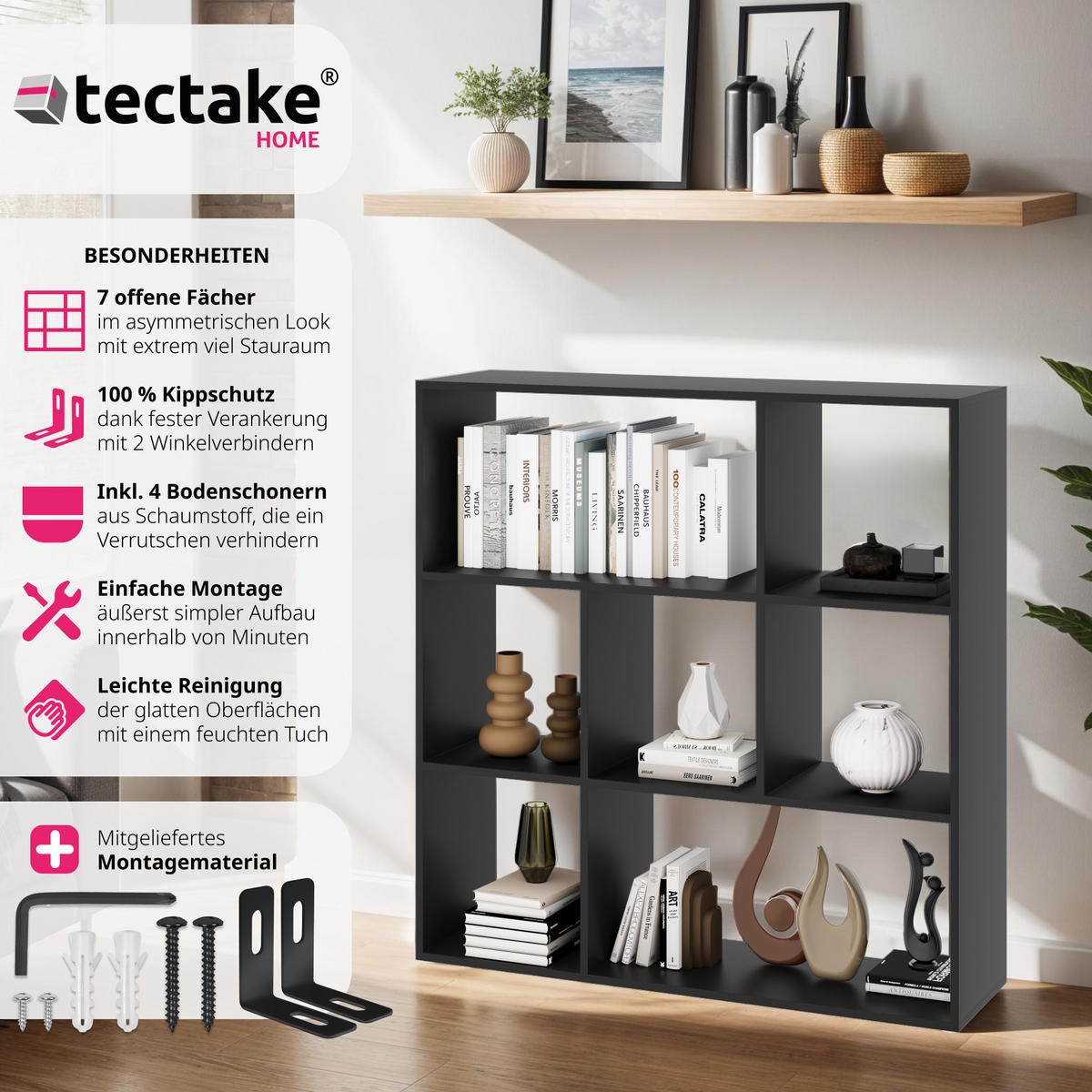 BÜCHERREGAL Tartu,104 x 29 x 107 cm,schwarz - Schwarz, Holzwerkstoff (104/107/29cm) - tectake