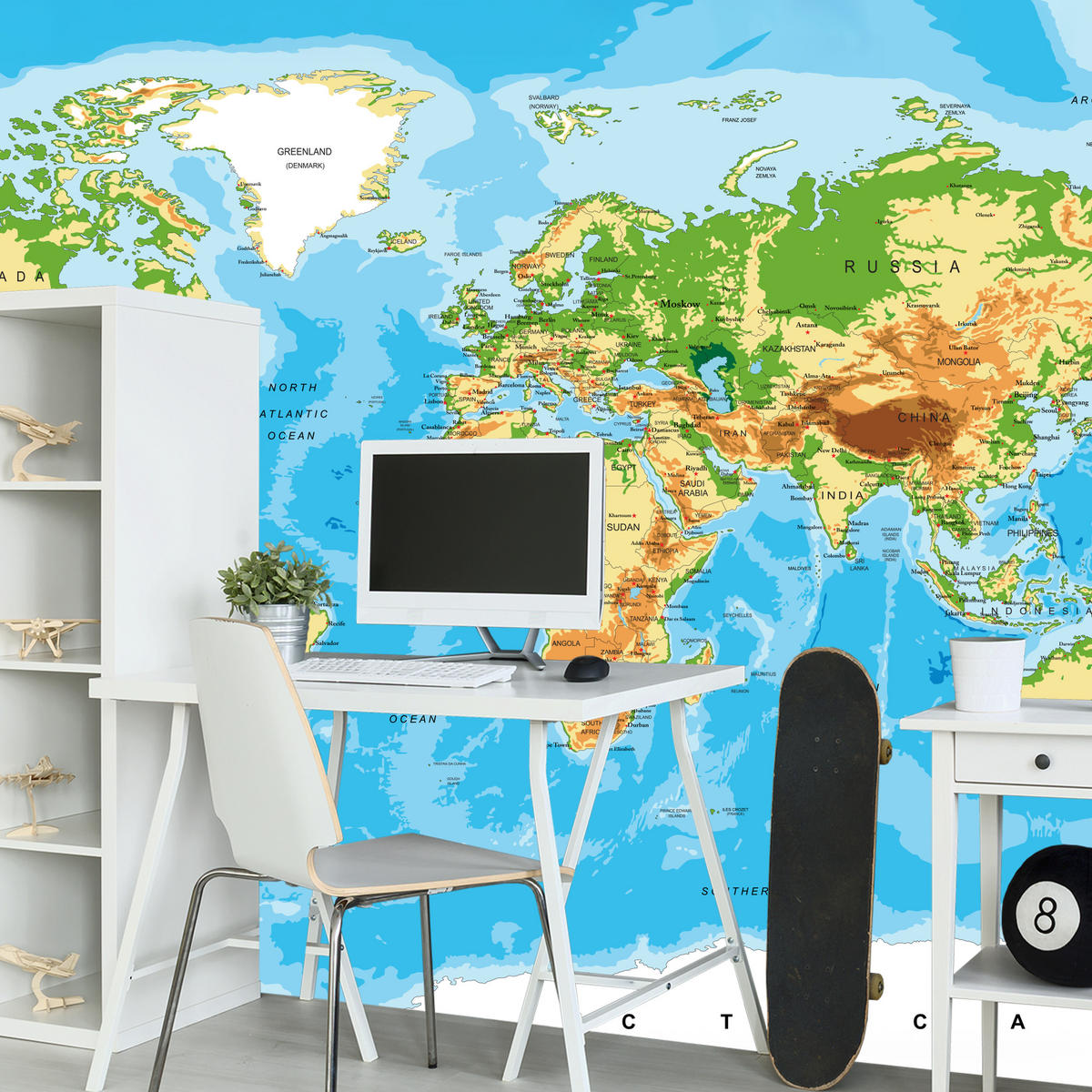 FOTOTAPETE für Wohnzimmer Physische Weltkarte Schriften 150x105 - Blau/Gelb, Papier (150/105cm) - Muralo