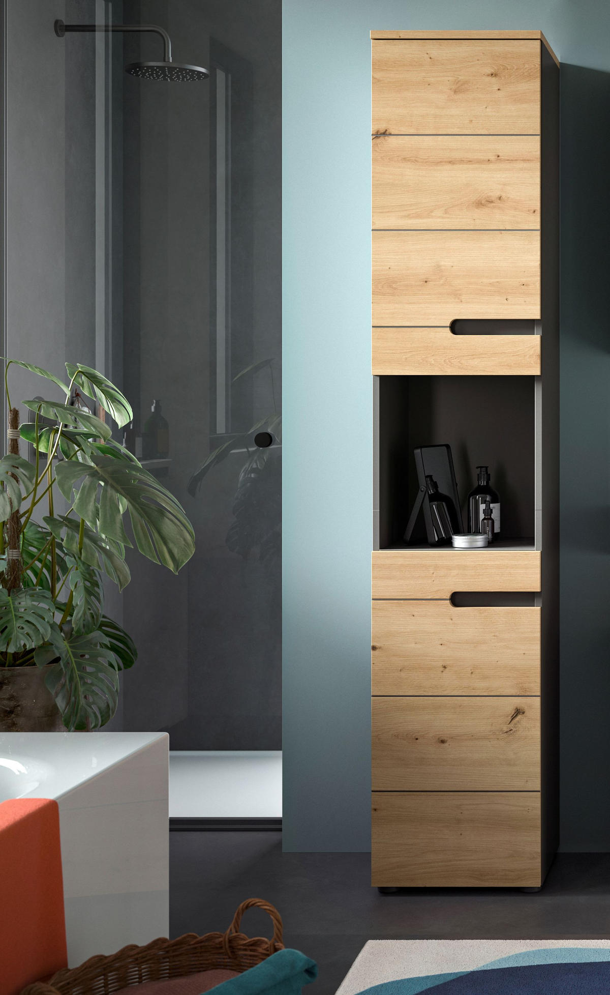 HOCHSCHRANK Canu Bad in Basalt grau Nachbildung und Artisan Nachbildung B/H/T: 38x193x34 cm - Grau, Holzwerkstoff (38/193/34cm)