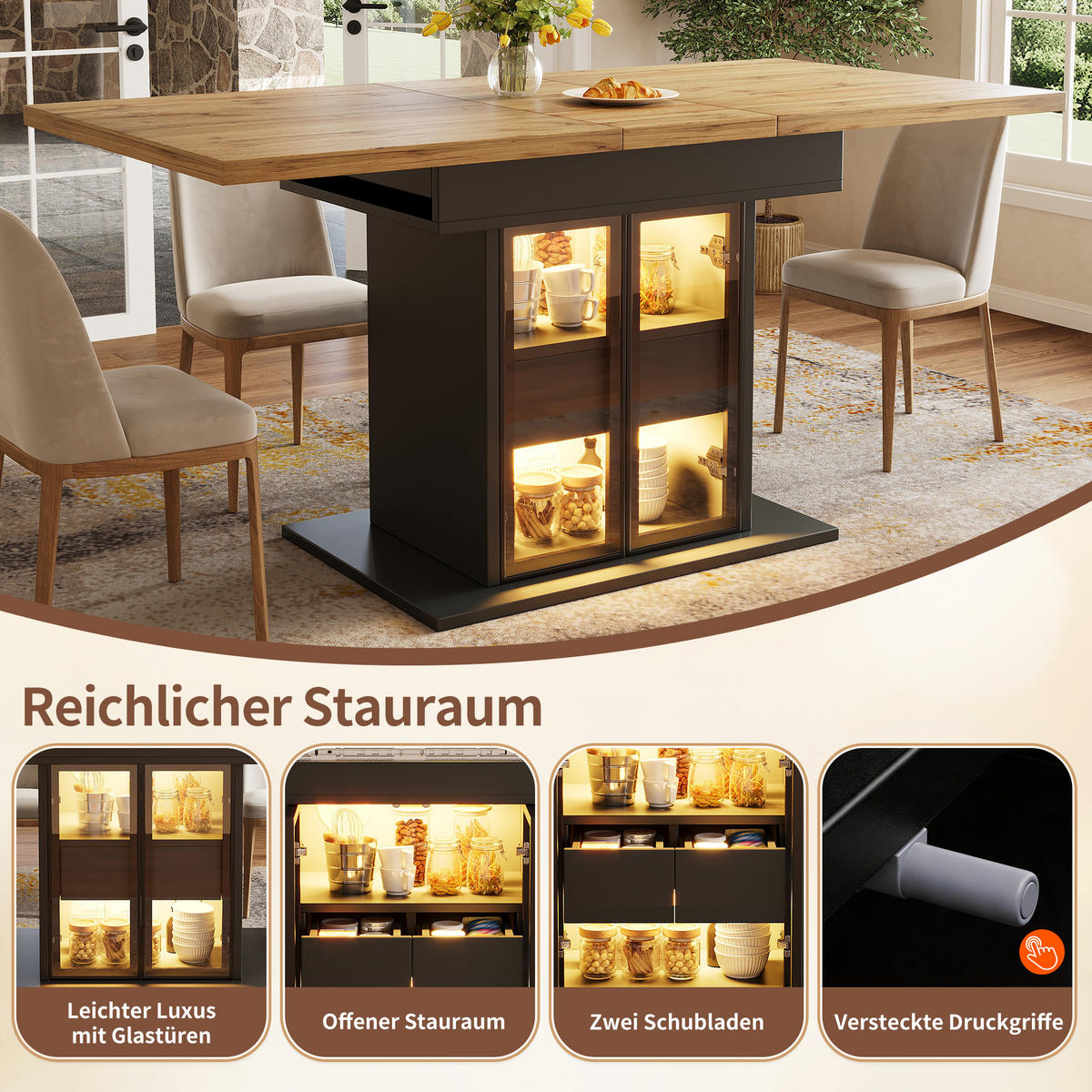 ESSTISCH Ausziehbar RGB LED Stauraum Glas Türen Schwarz - Schwarz, Metall (80/110/77.9cm) - FLIEKS