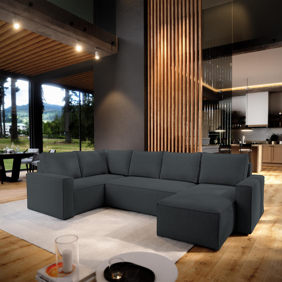 WOHNLANDSCHAFT NORENA L-S Graphitfarben Kordstoff mit Schlaffunktion - Graphitfarben, Holz (295/85/157.5cm) - MASSENO