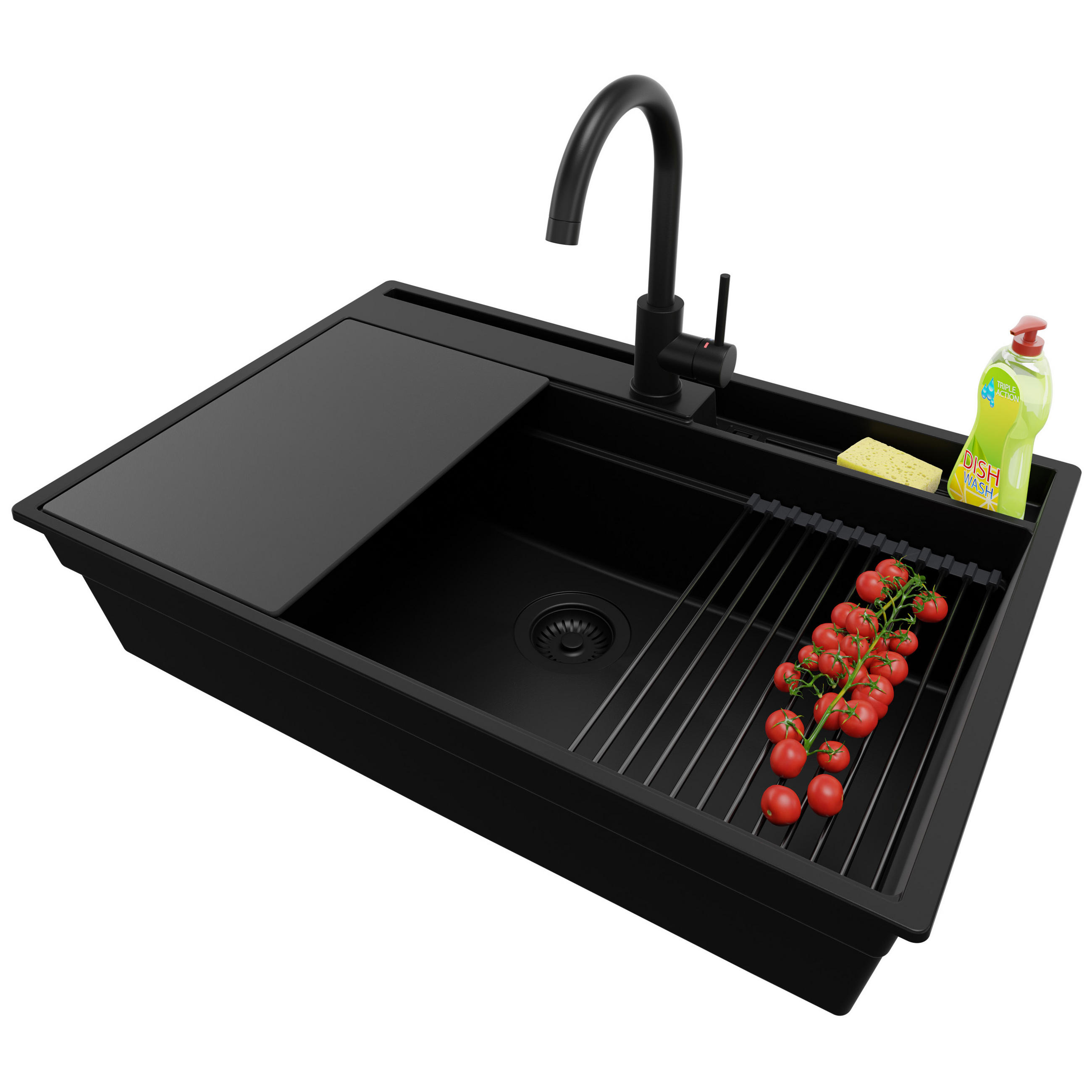 GRANITSPÜLE Oslo Pocket, 2-er set Alles Schwarz 78/53 cm 1 Becken + Küchenarmatur 32/20 cm + Ablauf-Set + Küchenzubehörset ab 80er Unterschrank - Schwarz, Kunststoff (78/20/53cm) - Primagran