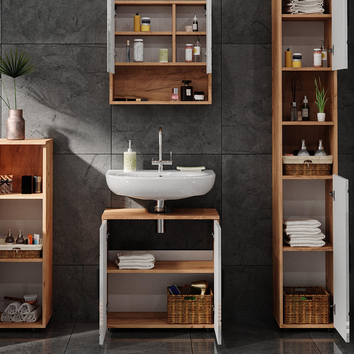 BADMÖBEL-SET Irma Weiß Hochglanz/Goldkraft Eiche 4 Teile mit Hochschrank - Weiß Hochglanz/Eiche Wotan, Holzwerkstoff (80/58.6/41cm) - Vicco