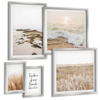 BILDER SET 5er Set - 50x50 cm & 20x30 cm & 40x60 cm Silberner Rahmen - Wiesen, Strand, Boho-Stil - Silberfarben, Kunststoff (40/60cm) - TULUP