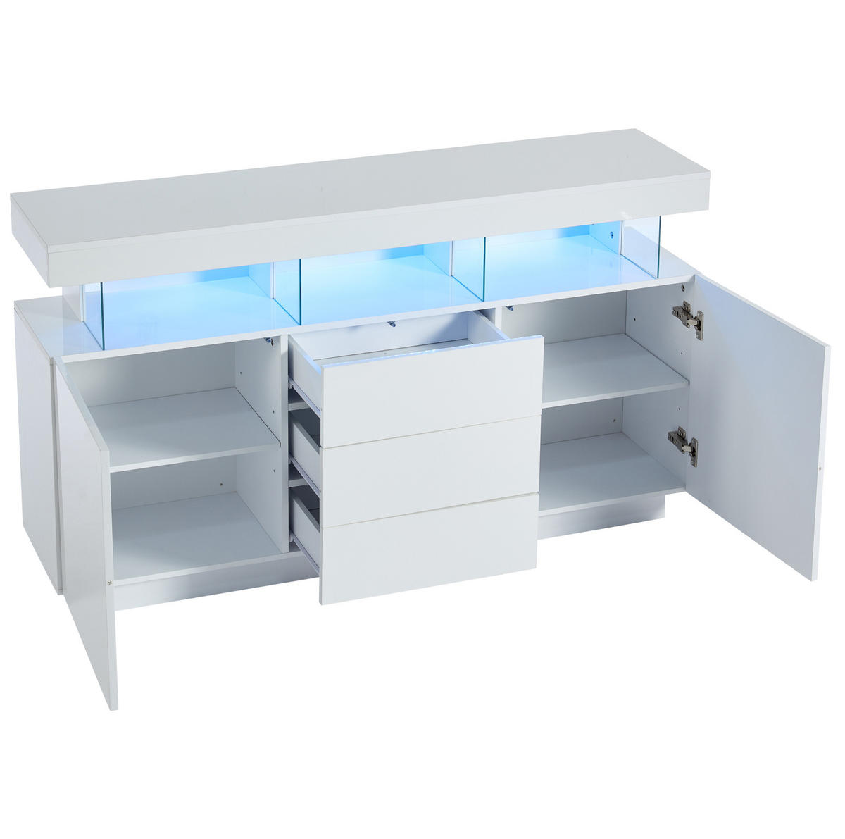 SIDEBOARD 140/35/80 cm in Weiß Hochglanz mit 3 Schubladen und LED-Beleuchtung - Weiß, Holzwerkstoff (140/80/35cm) - Flora Grace