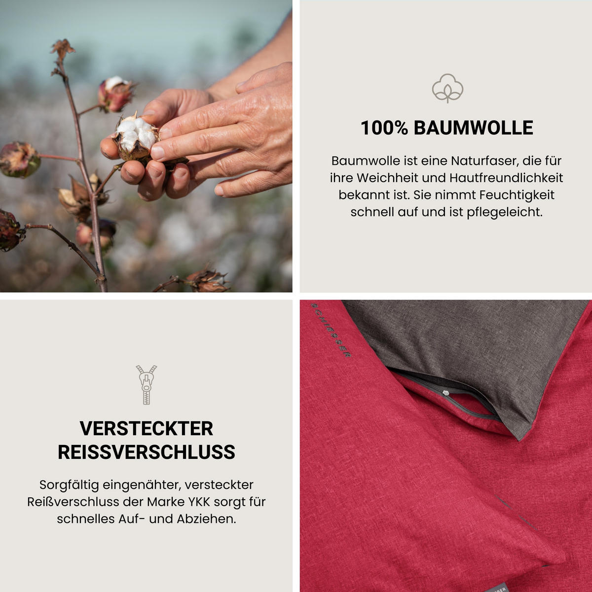 BETTWÄSCHESET Doubleface - Renforcé - 2-teilig - 155 x 220 cm - Rot-Dunkelgrau - Dunkelgrau/Rot, Textil (155/220cm) - SCHIESSER