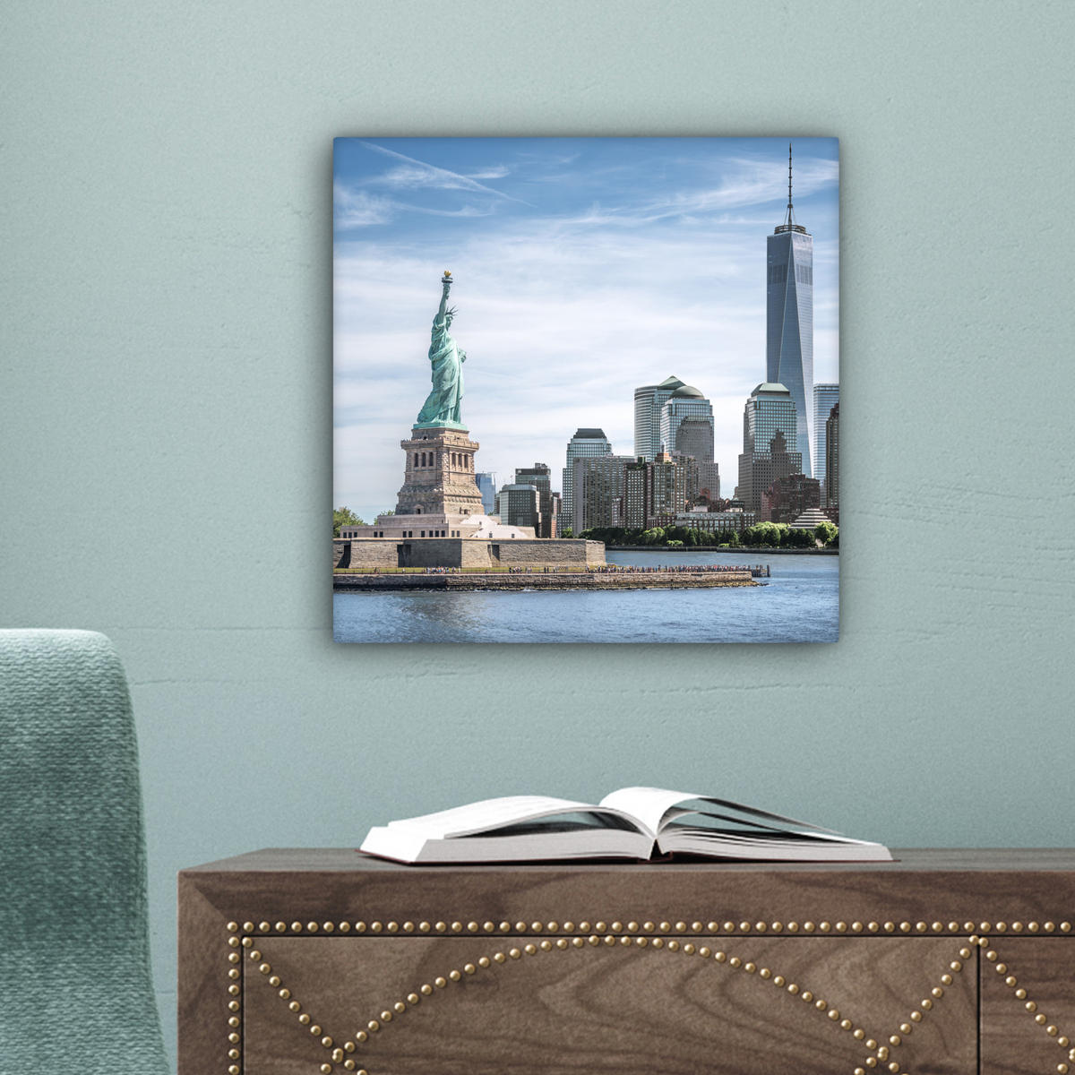 LEINWANDBILD New York - Freiheitsstatue - Wasser 20x20 cm - Hellblau, Textil (20/20cm) - MuchoWow