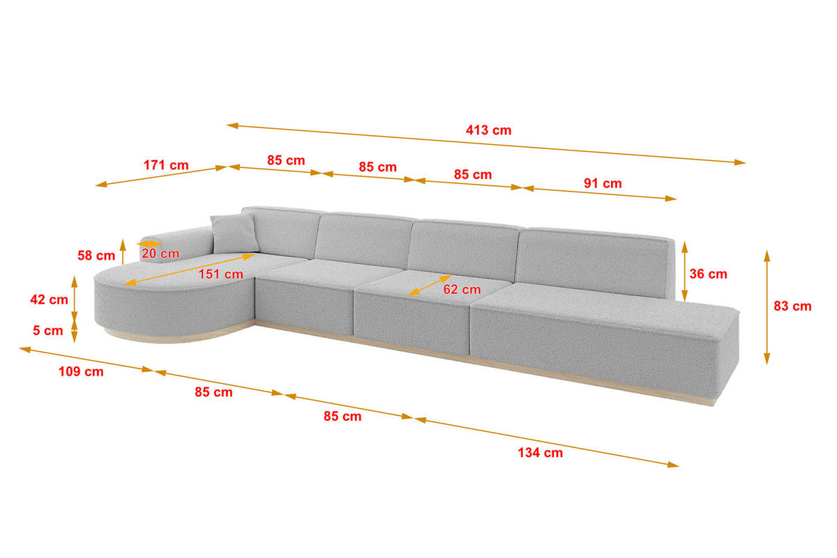 ECKSOFA Ottomane Links ARRIO-L3 - 413x171x83 cm Hellgrau - Hellgrau, Holzwerkstoff/Textil (413/171cm) - ALTDECOR