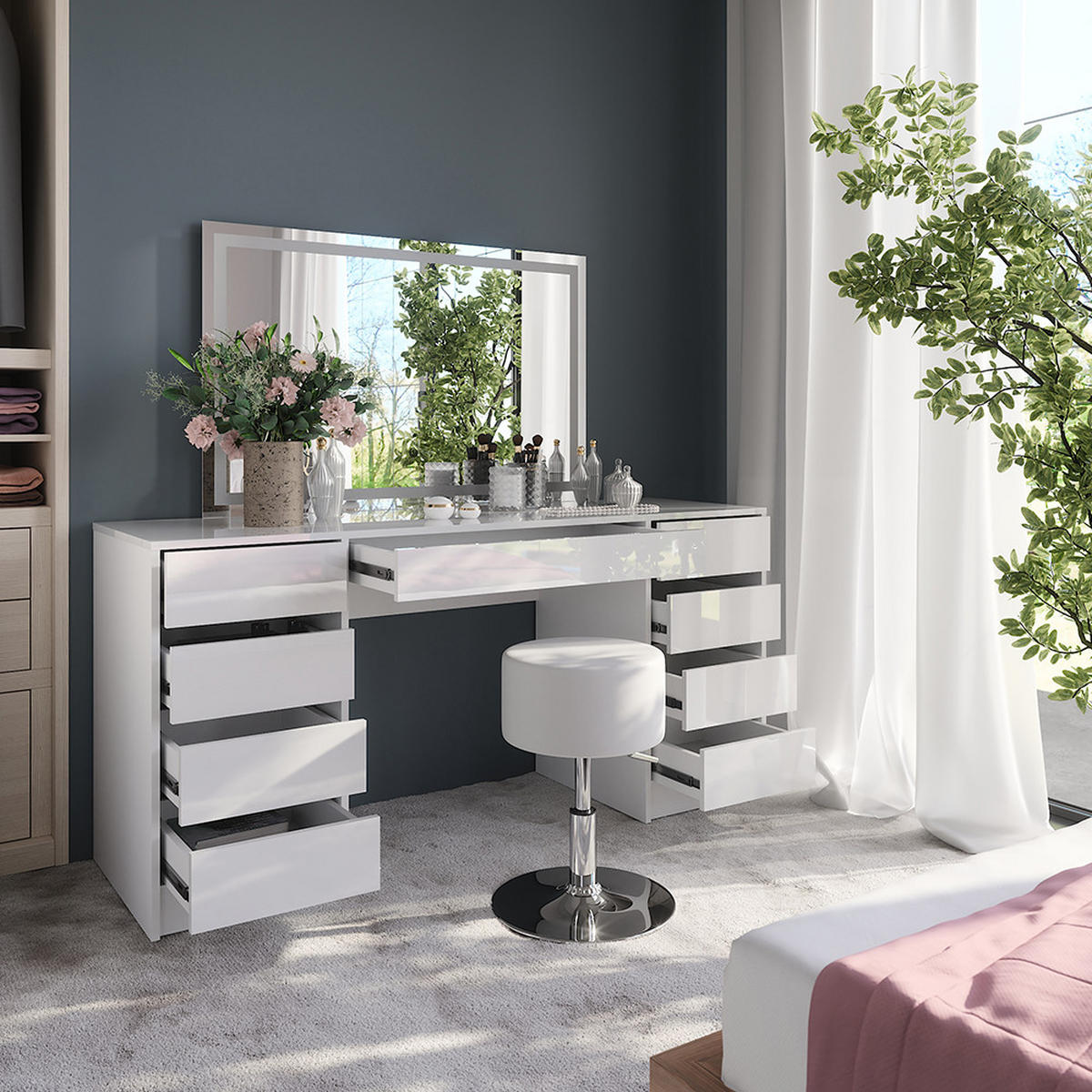 SCHMINKTISCH Sherry Weiß/Weiß Hochglanz 158.2 cm mit LED-Spiegel und Hocker - Weiß Hochglanz, Holzwerkstoff (158.2/76/50.1cm) - Vicco