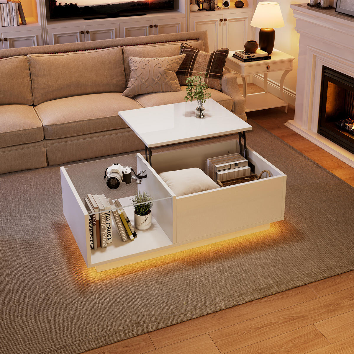 COUCHTISCH 100/50/33 cm weiß aus Spanplatte mit LED-Beleuchtung und höhenverstellbarer Platte - Weiß, Holzwerkstoff (100/50/33cm) - OKMYHOME
