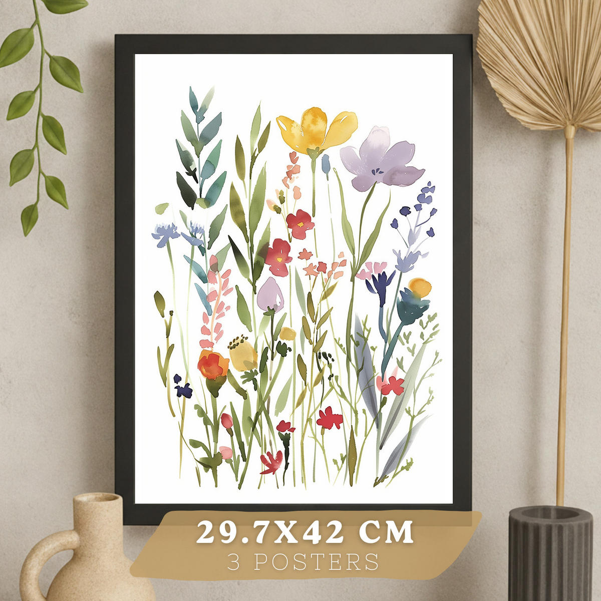 PLAKAT Sada 3 pastelových květinových potisků. Dekorativní nástěnné umění s barevnými květinami. Velikost Černý rám A3 - černá, papír (29.7/42/3cm) - Nacnic