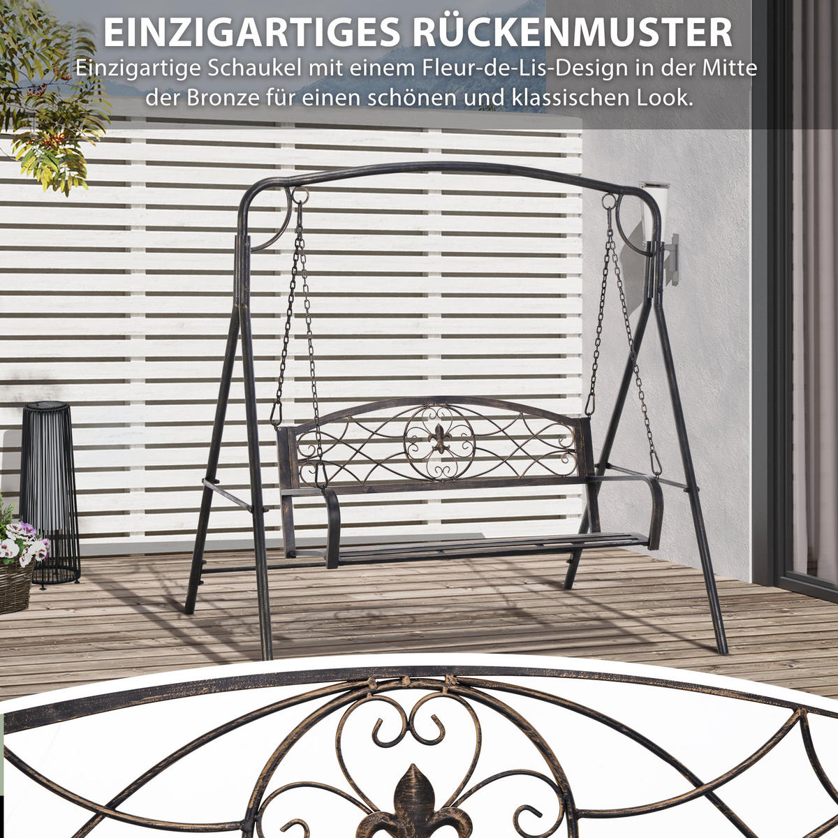 GARTENSCHAUKELBANK DE-07000 2-Sitzer, Vintage Design Messing-Optik - Schwarz, Metall (167/175/123cm) - ComfortXL