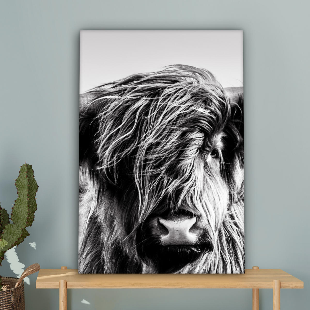LEINWANDBILD Kuh - Schottischer Hochländer - Schwarz - Weiß - Tier - Natur - Wildtiere 40x60 cm - Schwarz, Textil (40/60cm) - MuchoWow