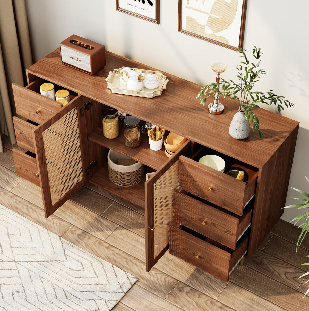 BOČNÍ skříň 160/40/90 cm v dekoru dřeva z MDF s ratanovými dvířky a zásuvkami - barva dubu, kompozitní dřevo (160/90/40cm) - OKWISH