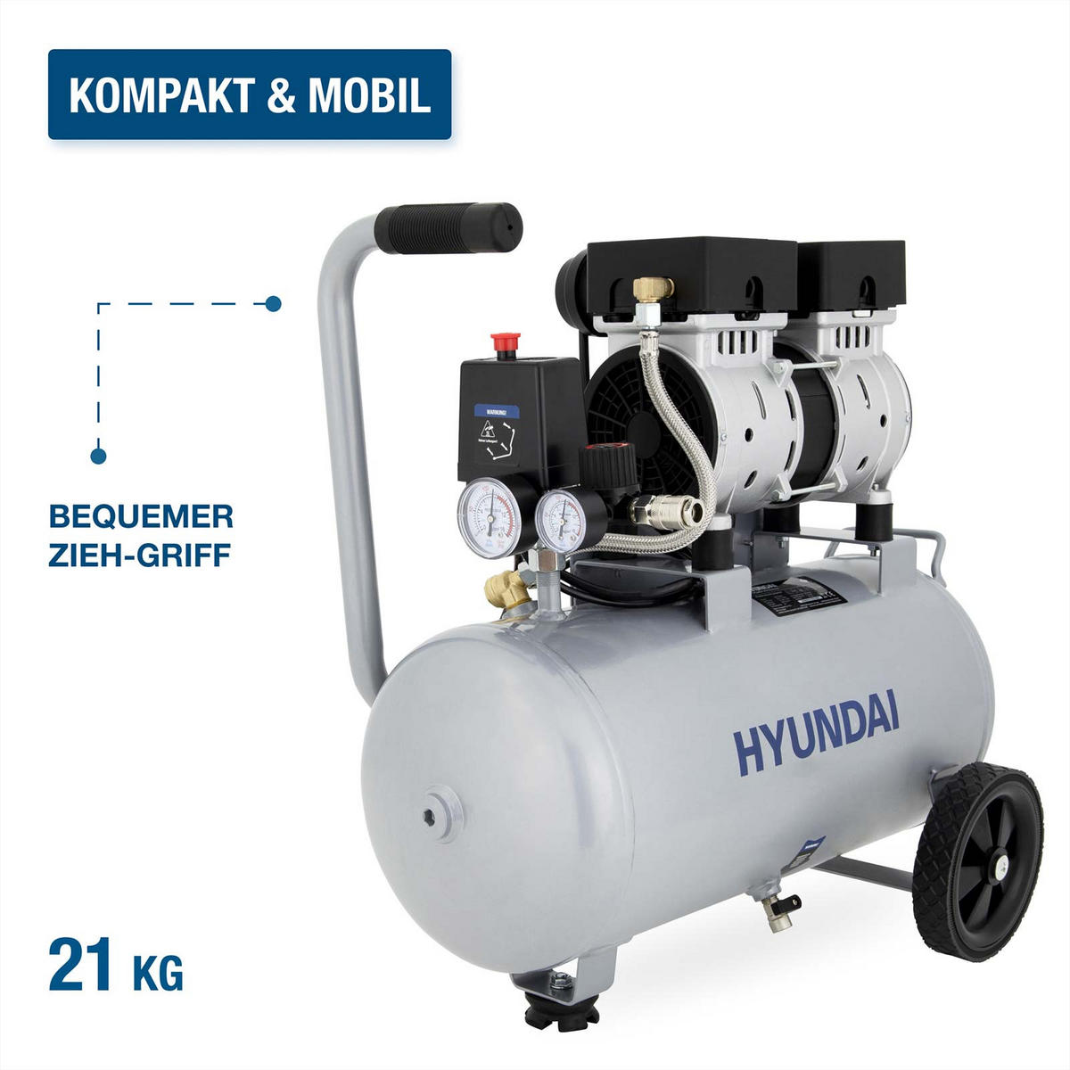SILENT Kompressor SAC15024 (Druckluftkompressor leise, ölfrei, Flüsterkompressor, 67dB, 24L Kessel, 9bar, 1.5kW, 202L/Min) - Silberfarben, Metall (55/33/56cm) - HYUNDAI