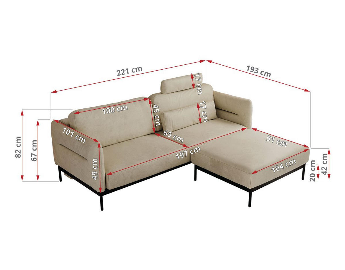 SCHLAFSOFA SALENTO Beige Velvet - Beige/Schwarz, Textil/Metall (221/82/193cm) - MKS