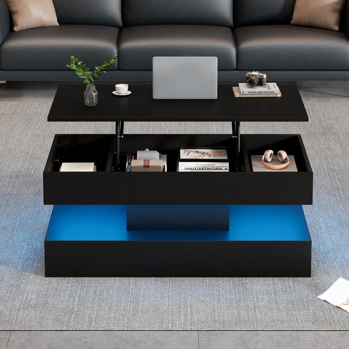 COUCHTISCH höhenverstellbar, Spanplatte schwarz, mit LED-App-Steuerung & Stauraum, 100/50/42 cm,schwarz - Schwarz, Holzwerkstoff (50/100/42cm) - Redom