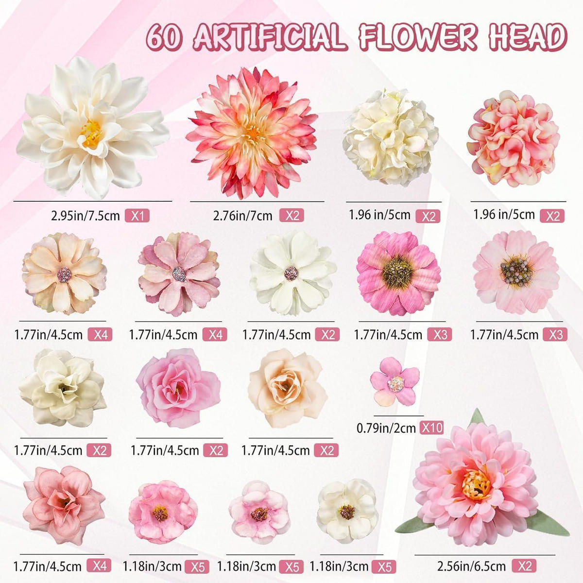 KUNSTBLUMEN 60 Stück Set Rosa Weiß - Multicolor, Kunststoff (2cm)