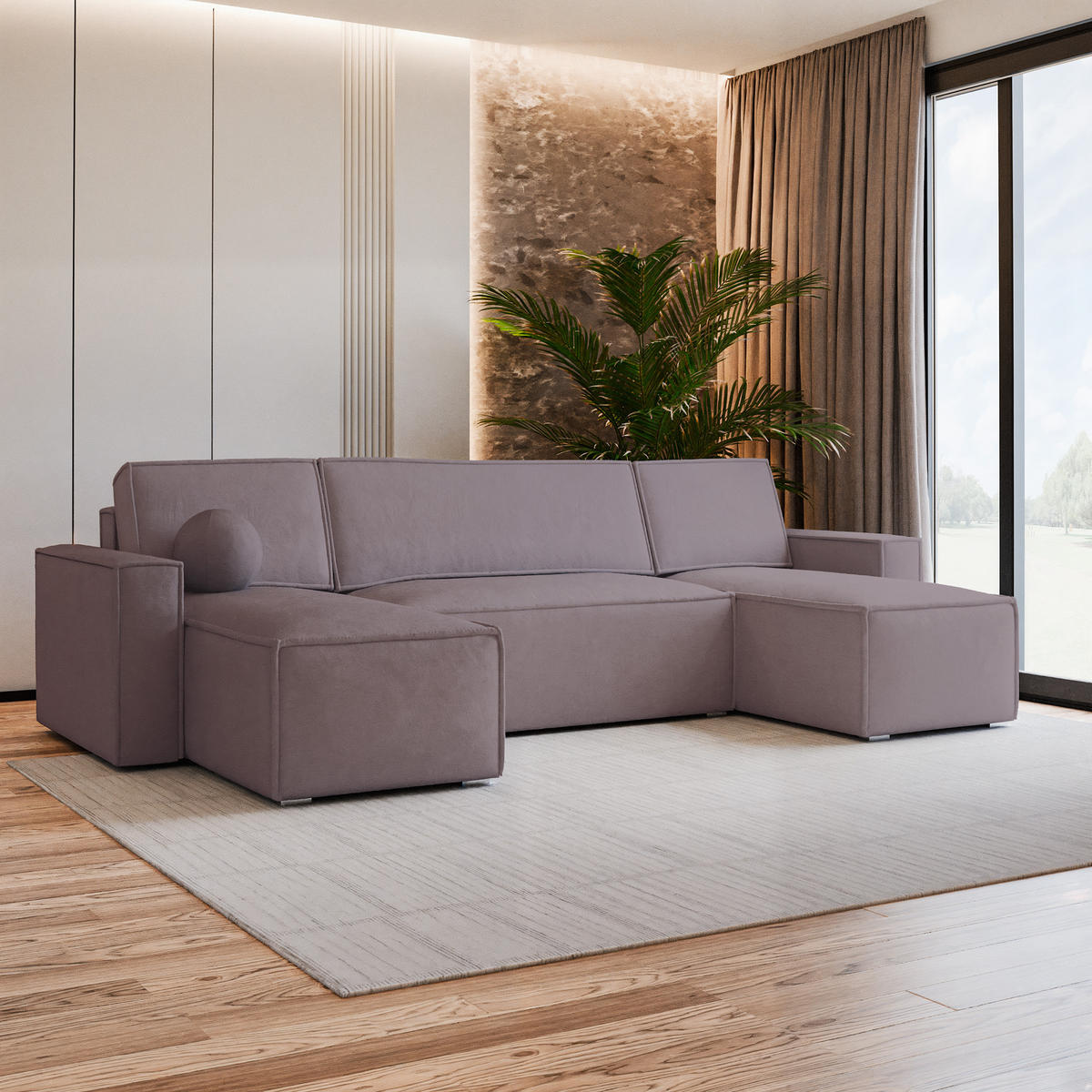 WOHNLANDSCHAFT PESANO M Lila Velours-Stoff mit Schlaffunktion - Lila, Holz (306/85/140cm) - MASSENO