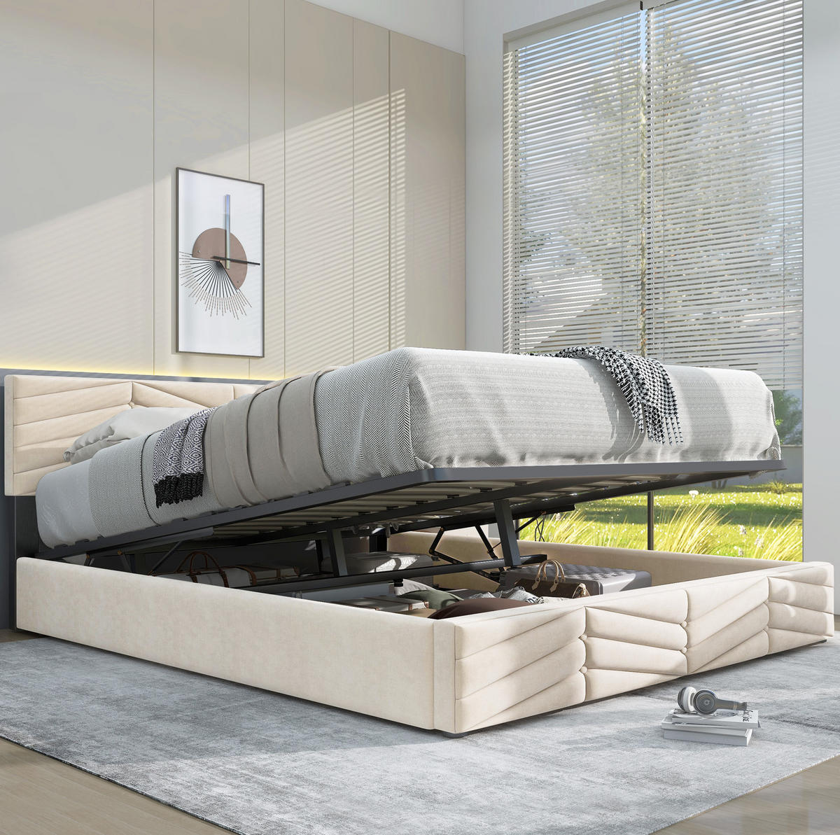 POLSTERBETT mit verstellbarem Kopfteil 140x200 cm Samt Beige - Beige, Metall (140/200cm) - Meubliv