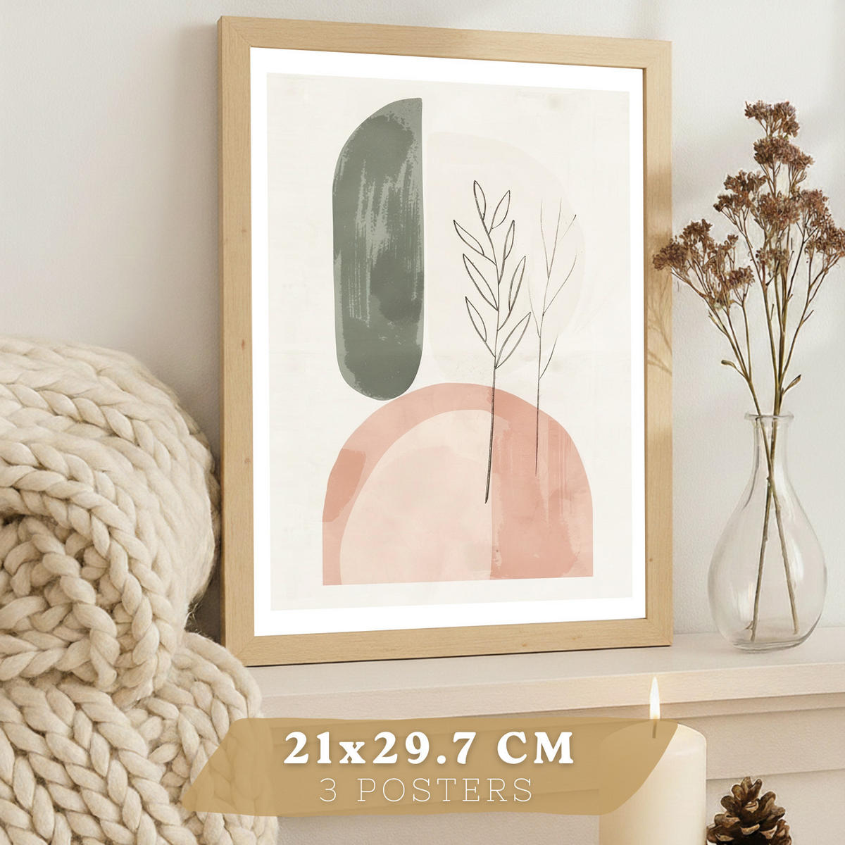 PLAKAT Sada 3 dekorativních nástěnných tisků, zelené a růžové rostliny, pro moderní dekoraci obývacího pokoje květinové motivy, velikost Bezrámové A4 - čirá, papír (21/29.7/3cm) - Nacnic