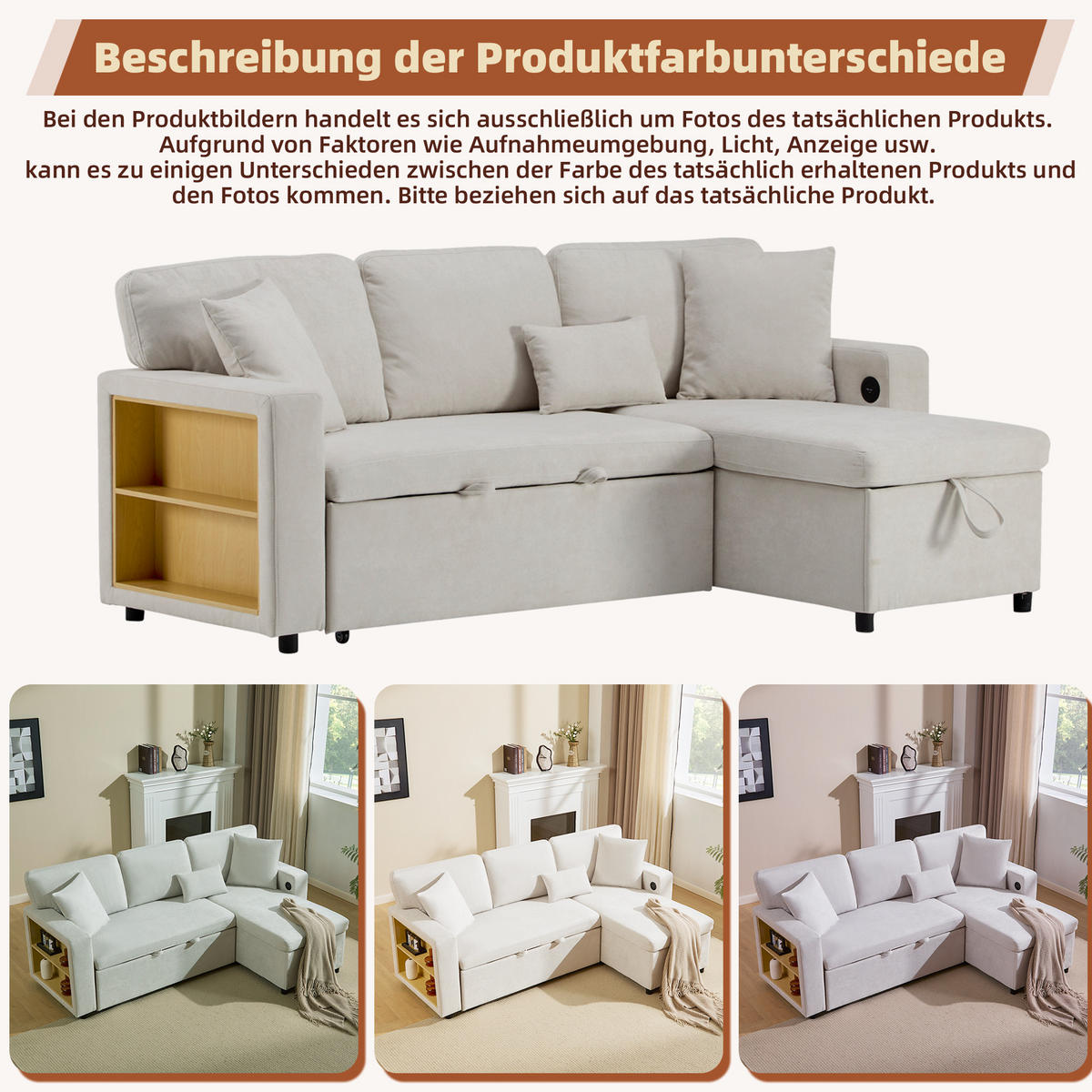 ECKSOFA Eckschlafsofa Stoff mit USB-Anschluss und Stauraum Beige 214/131/87 cm - Beige, Textil (87/131cm) - Redom