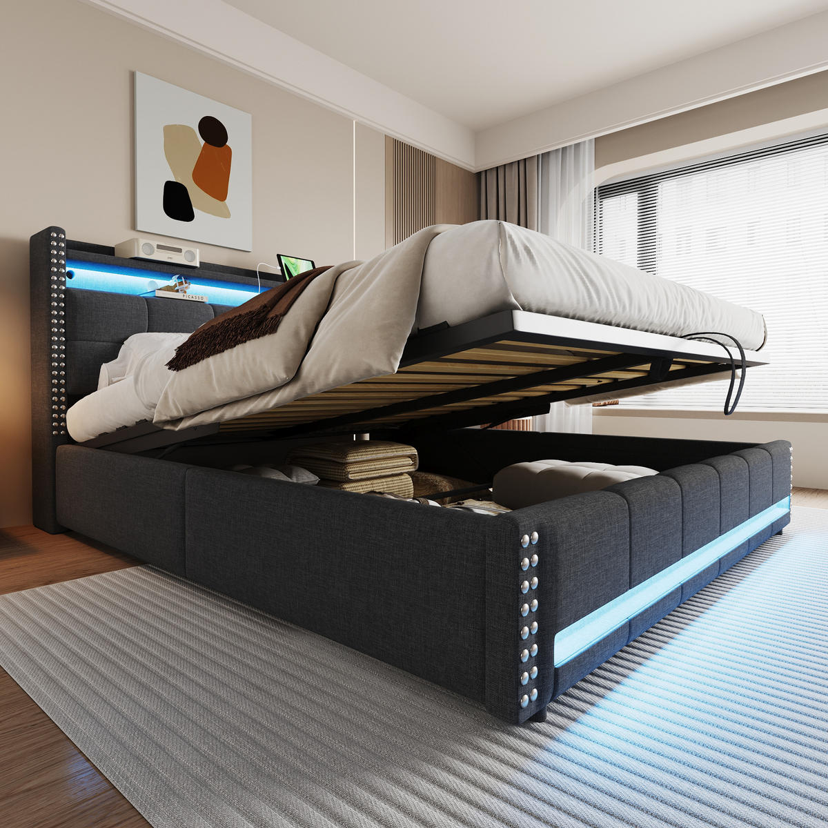 POLSTERBETT 180/200 cm Grau mit LED-Beleuchtung und USB-Steckdose - Grau, Textil (180/200cm) - OKWISH