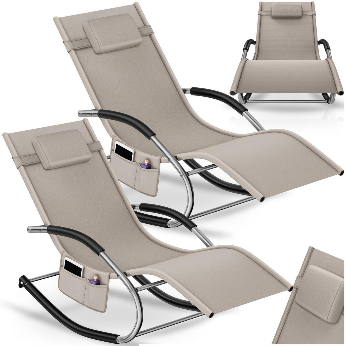 GARTENLIEGE Taya, abnehmbares Kopfpolster, seitliche Aufbewahrungstasche, beige - Beige, Kunststoff (62/92/142cm) - tectake