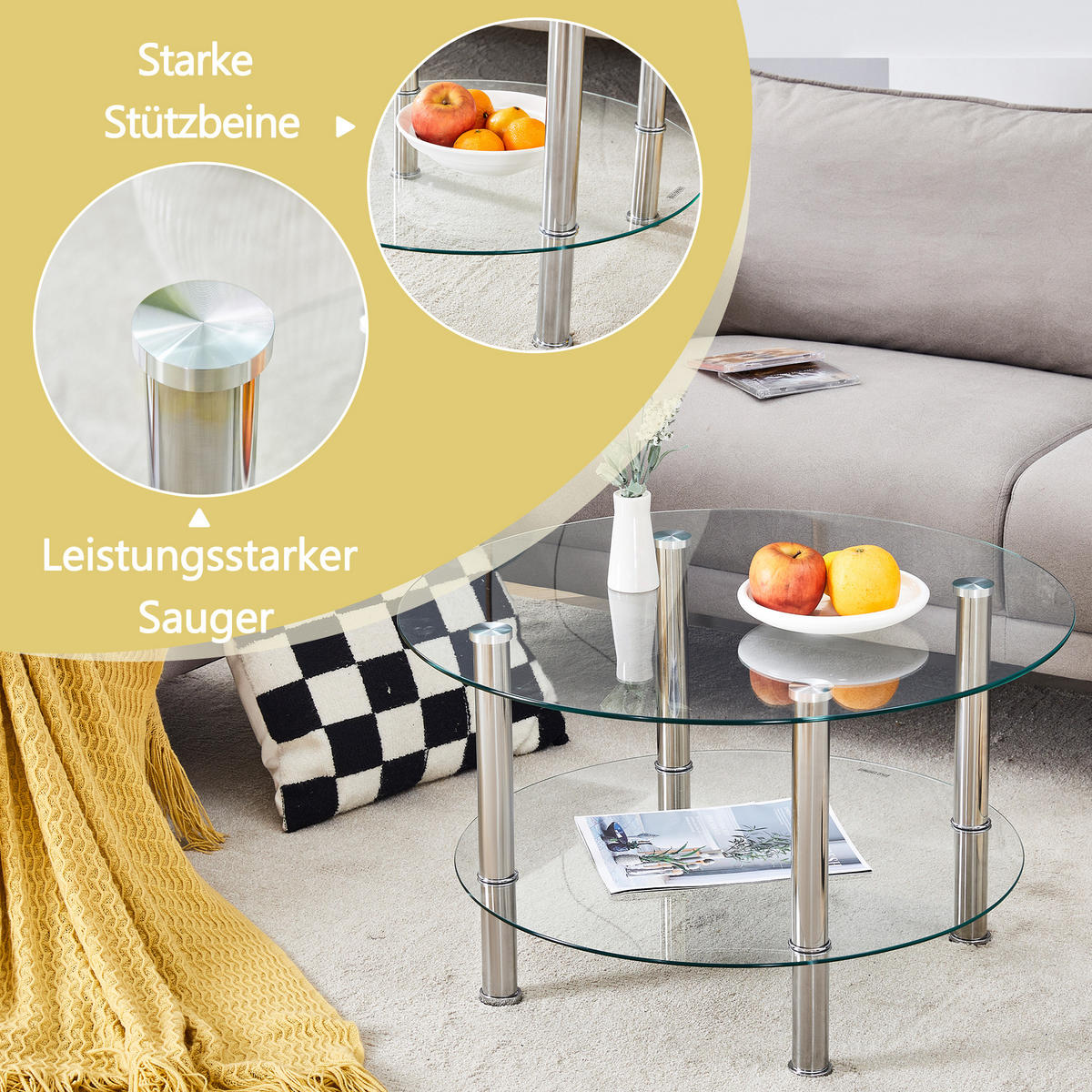 COUCHTISCH in Silver zweistufiger Glascouchtisch mit leichtem Luxusdesign für Wohnzimmer, B70/T70/H42 cm - Transparent/Silberfarben, Glas/Holzwerkstoff (70/70/42cm) - STILVORA