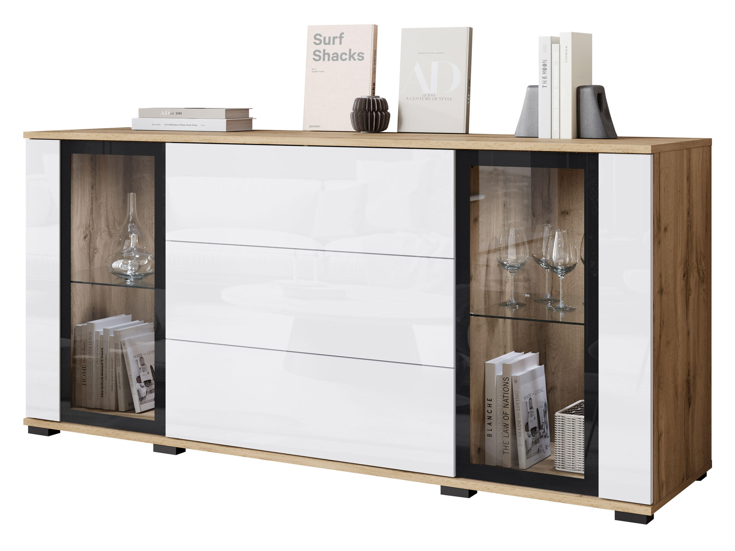 SIDEBOARD Caro SB 150 2D3S mit weißer LED Beleuchtung - Eiche Wotan/Schwarz, Holzwerkstoff/Kunststoff (150/70/40cm) - MIRJAN24