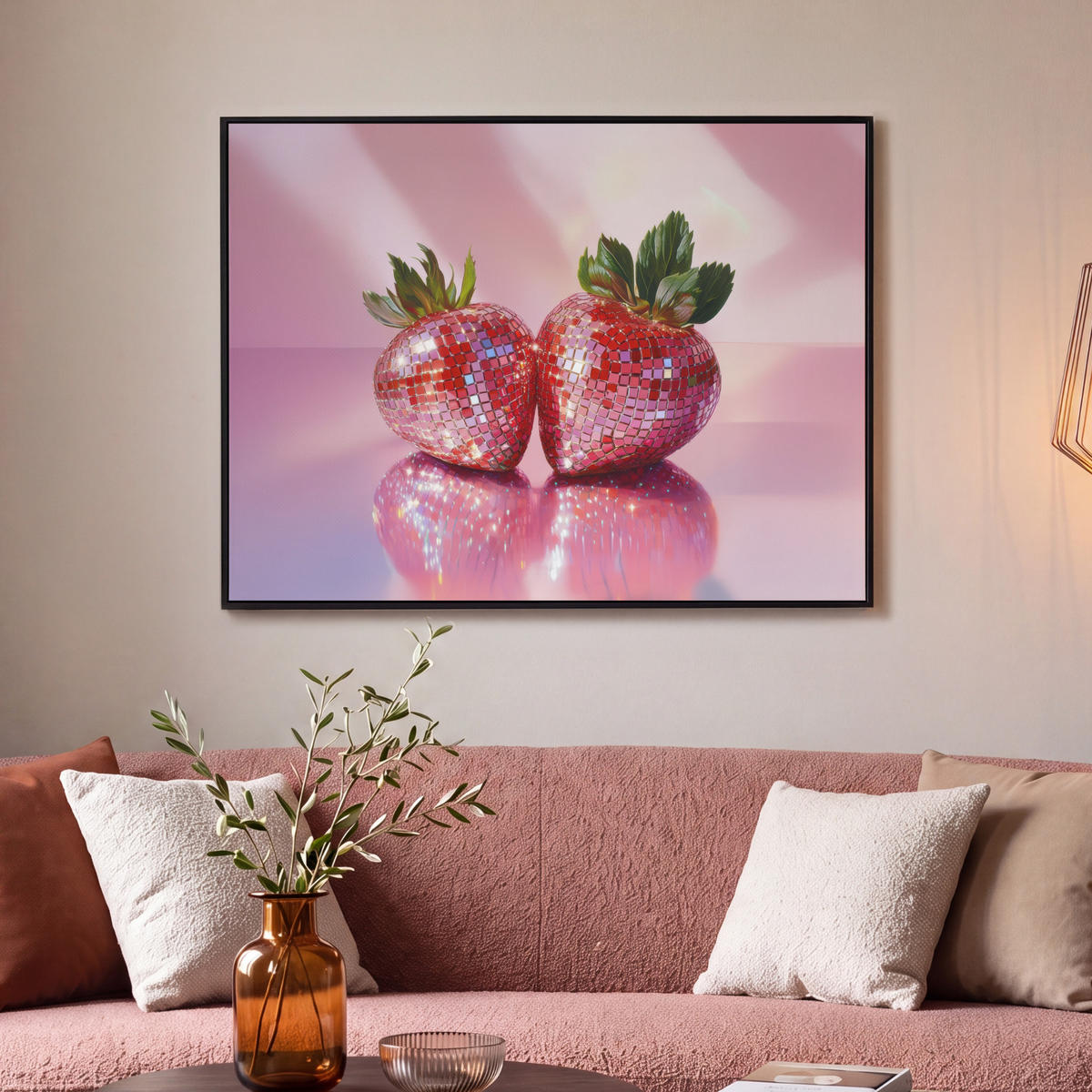 LEINWAND Bilder mit Rahmen - Disco - Obst - Glitzer - Erdbeere - 100x70 - Pink, Textil (100/70cm) - MuchoWow