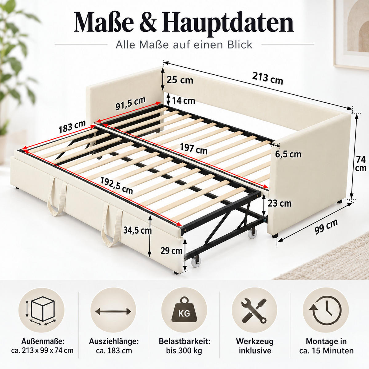 SCHLAFSOFA Samt creme ausziehbar mit Gästebett Funktion 3-fach umwandelbar Tagesbett mit Rollen - Beige, Metall (183/74/213cm) - Joyfair