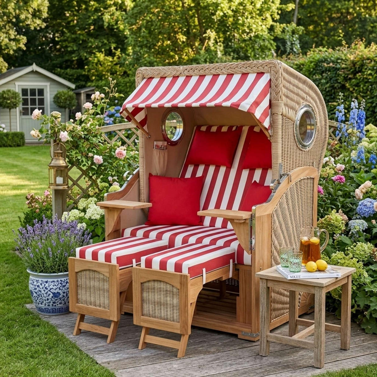 STRANDKORB Komplettset Düne - Rot/Braun, Naturmaterialien/Metall (125/170/80cm) - Mr. Deko