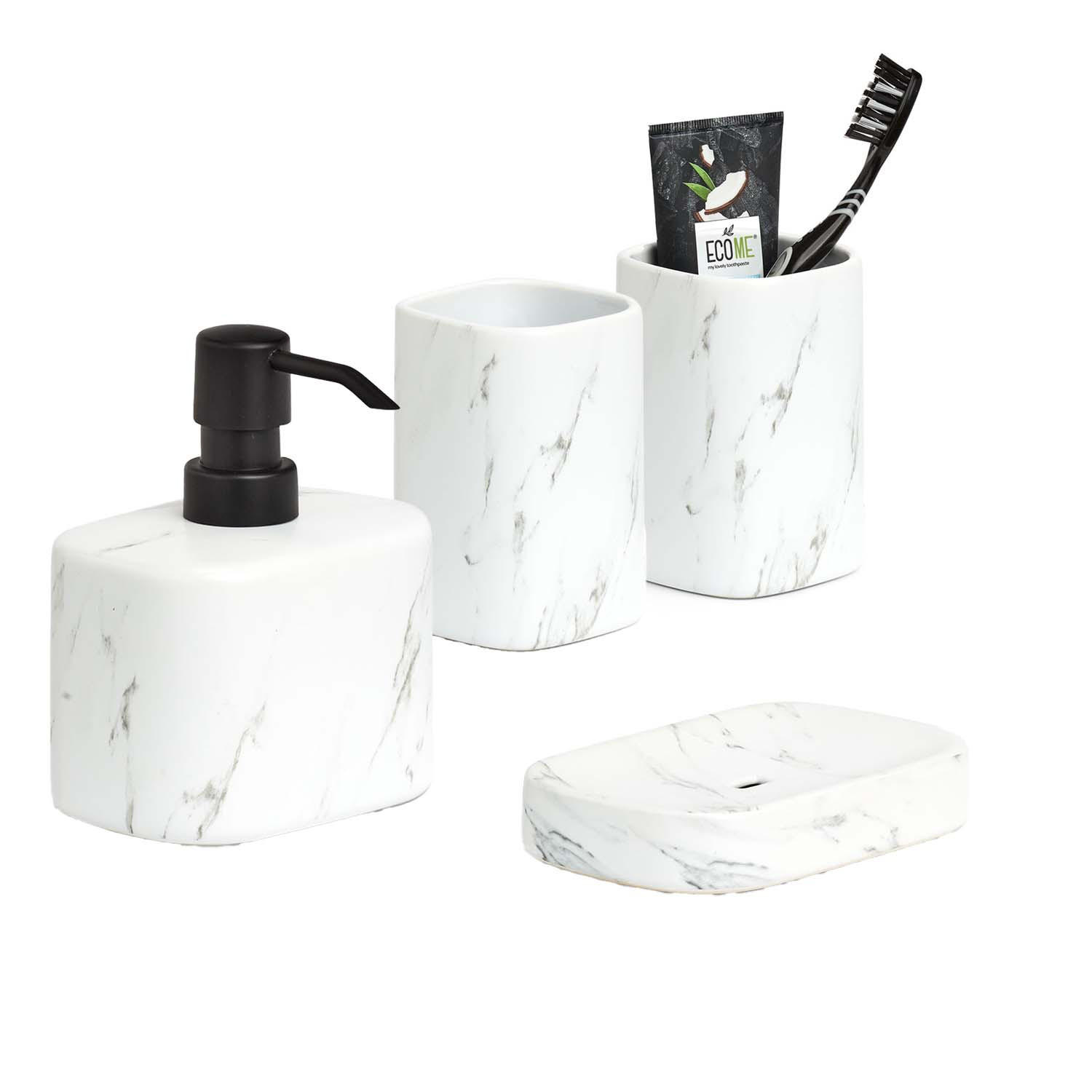 BADACCESSOIRES - Keramik Marmoroptik, 4-teiliges Set - Weiß, Keramik (11/13.2/8.1cm) - Zeller Present