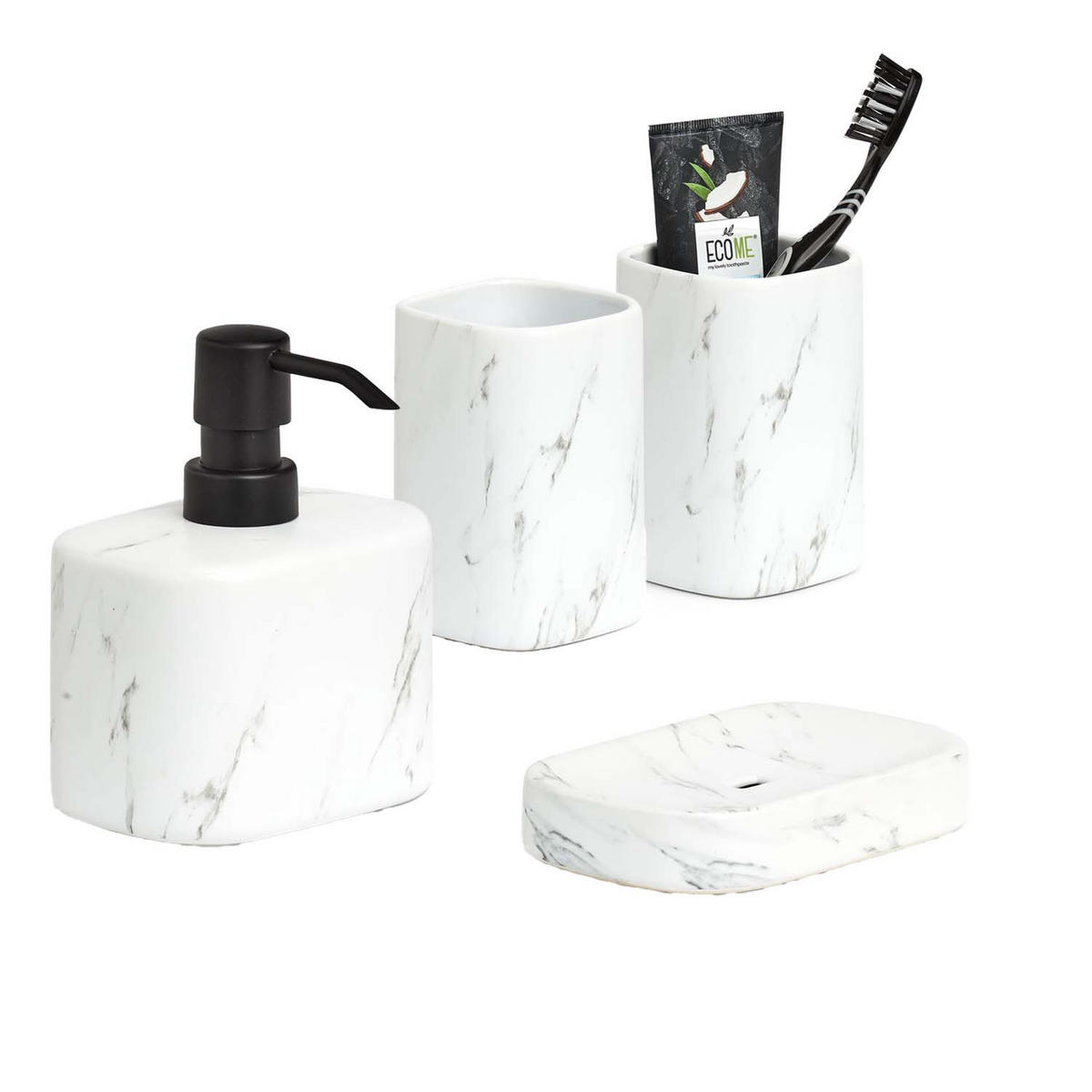BADACCESSOIRES - Keramik Marmoroptik, 4-teiliges Set - Weiß, Keramik (11/13.2/8.1cm) - Zeller Present