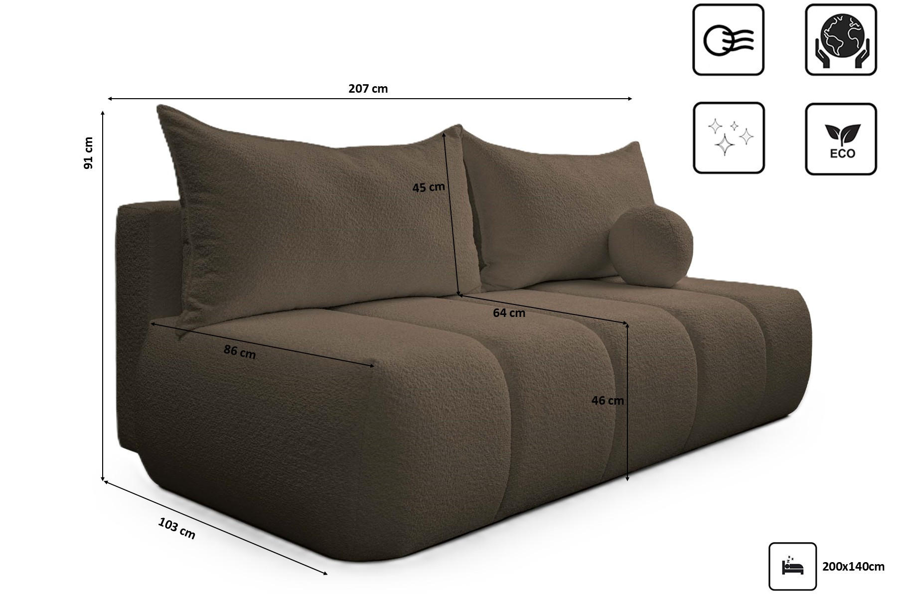Thumbnail - Kaiser Möbel Schlafsofa, Dunkelbraun, Holz, Rechteckig, 207x91x103 cm, Wohnzimmer, Sofas & Couches, Schlafsofas