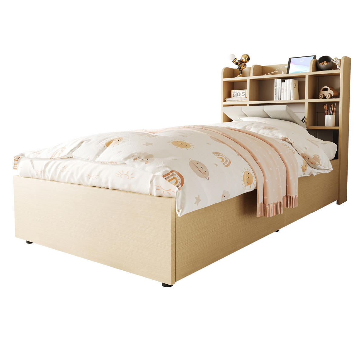 BETT 90/200 cm in Holzfarbe aus MDF mit Stauraum und USB-Anschlüssen - Naturfarben, Holzwerkstoff (90/200cm) - OKMYHOME
