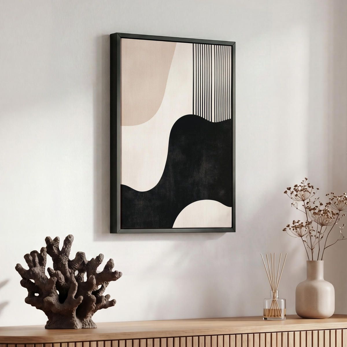 LEINWAND Bilder mit Rahmen - Abstrakt - Japandi - Beige - Modern - 30x40 - Schwarz, Textil (30/40cm) - MuchoWow