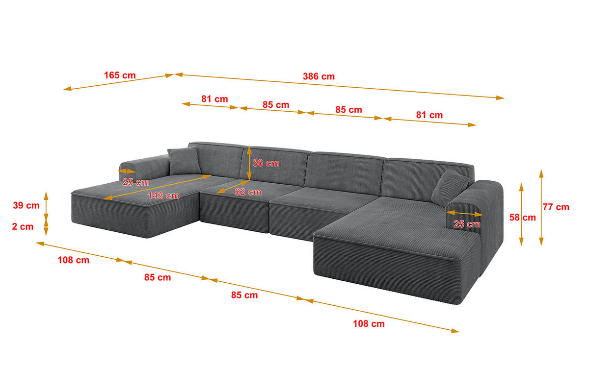 WOHNLANDSCHAFT IREA-U2-v3 - 386x165x77 cm Duneklgrau - Dunkelgrau, Holzwerkstoff/Textil (386/77/165cm) - ALTDECOR