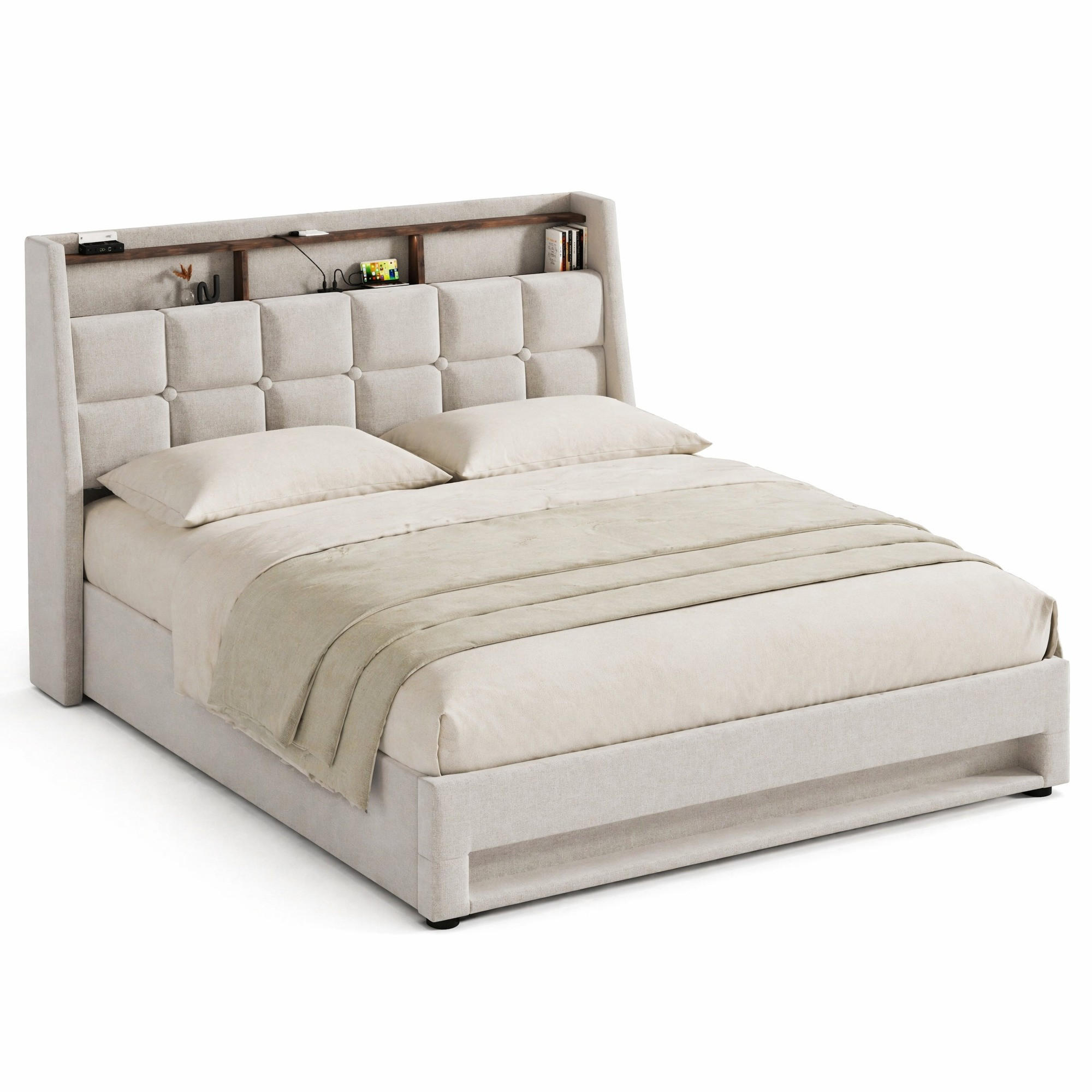 CHICFURN ČALOUNĚNÁ POSTEL 140/200 cm ve světle béžové barvě s úložným prostorem, LED a USB