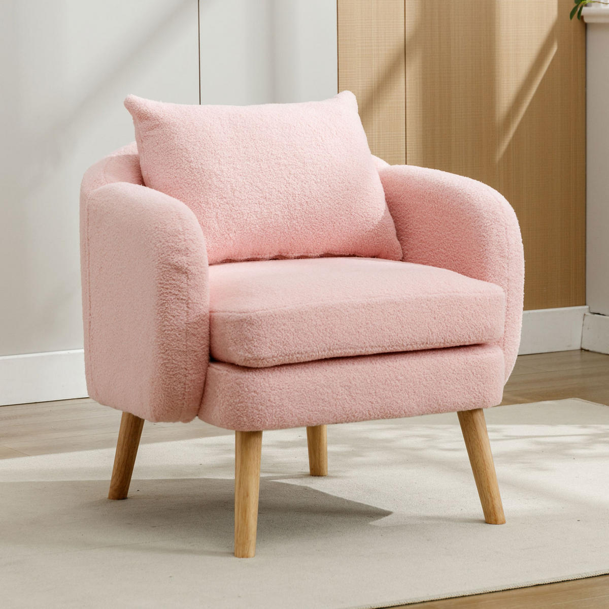 KŘESLO 71/72/71 cm růžové z teddy sametu s polštářem a silným sedákem - růžová, textil (72/71/71cm) - OKWISH