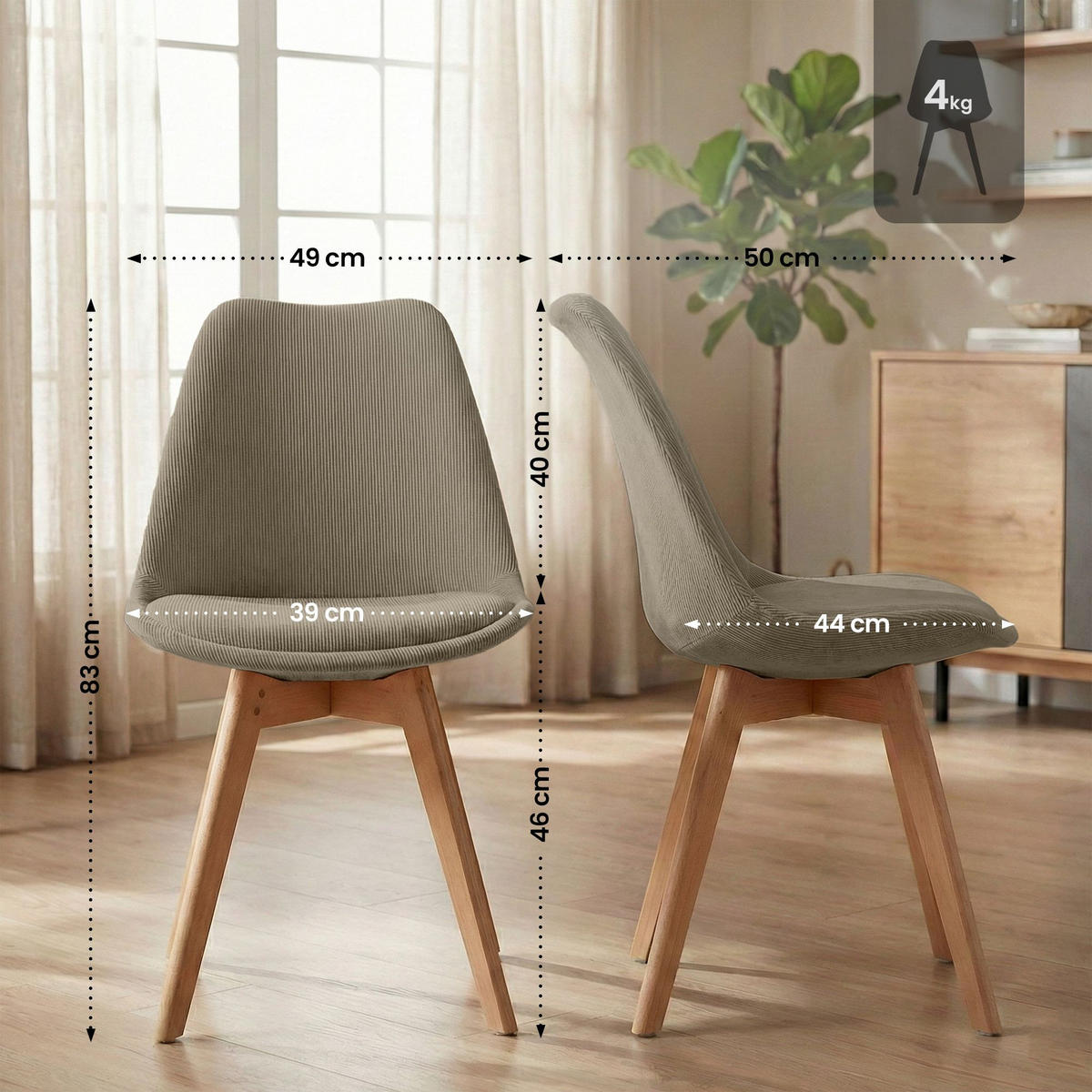 STUHL Cord Taupe - Taupe/Eukalyptusholzfarben, Holz/Textil (49/83/50cm) - CLP