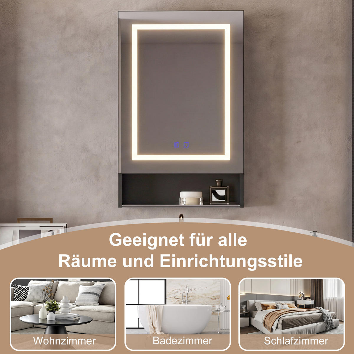 SPIEGELSCHRANK Schwarz 50x88cm mit 3 Lichtfarben & Antibeschlag - Schwarz, Glas (50/88/16cm) - SHOPENTRA
