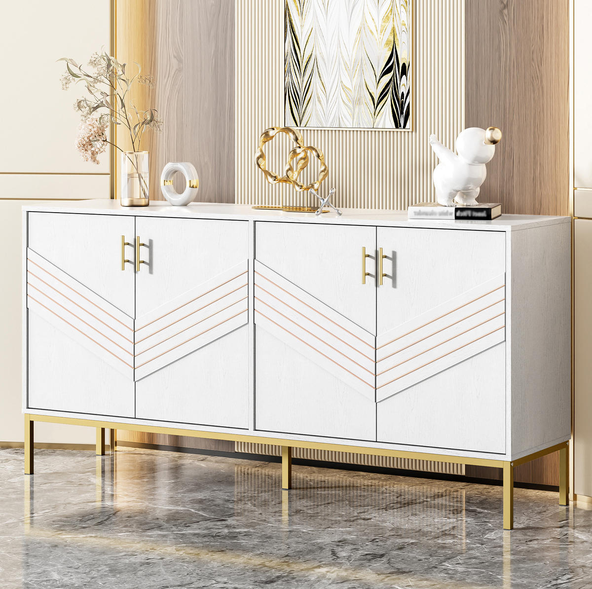 SIDEBOARD aus MDF in Weiß/Holzoptik mit 4 Türen und höhenverstellbaren Böden, 160/40/80,5 cm, Weiß/Holzoptik - Weiß, Holzwerkstoff (40/80.5/160cm) - Redom