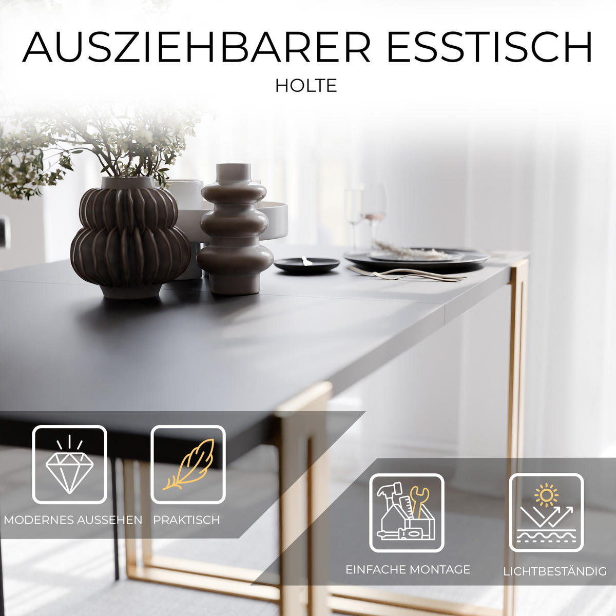 TISCH ausziehbar aus MDF, Schwarz - Goldfarben/Schwarz, Holzwerkstoff (160/80/76cm) - Idohome