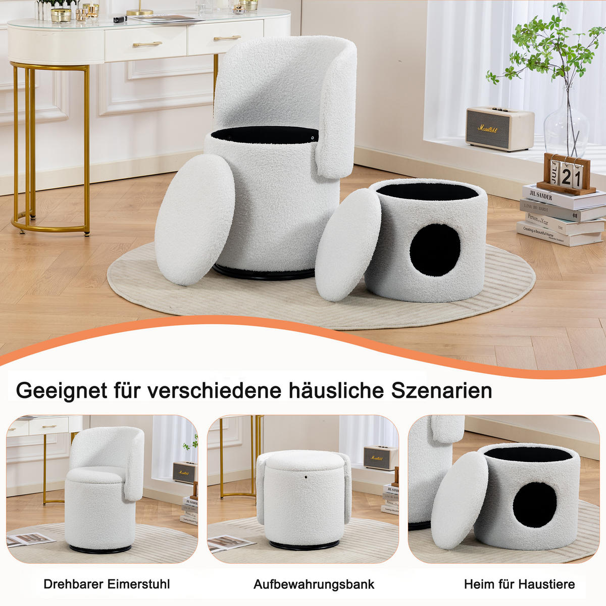 SESSEL Stoff Weiß drehbar und mit Stauraum - Weiß, Holzwerkstoff/Textil (48/75/52cm) - WISHDOR