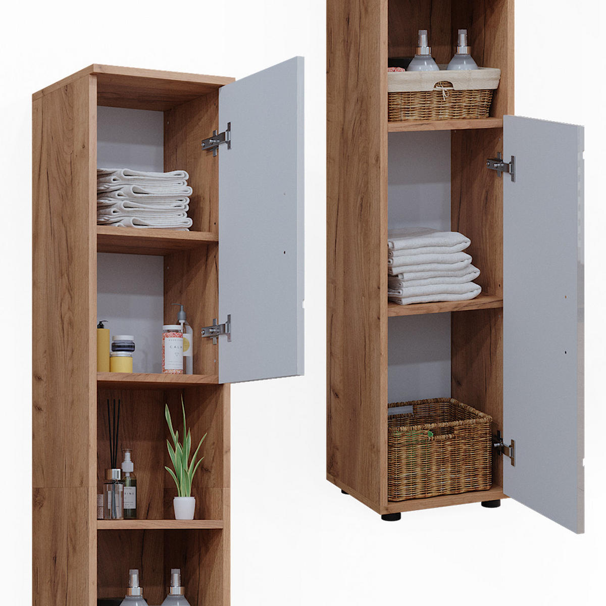 BADSCHRANK Irma Eiche 30 x 192 cm mit Türen, und offenen Fächern - Weiß Hochglanz, Holzwerkstoff (30/192/30cm) - Vicco