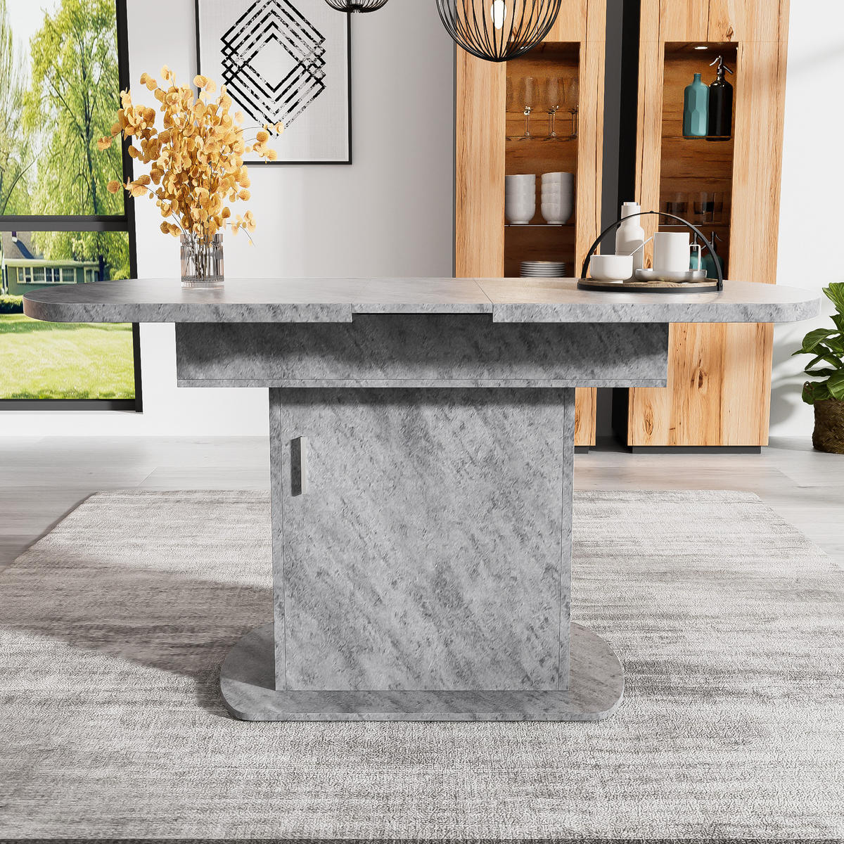 ESSTISCH oval 110/70/75 cm grau mit Stauraum und Metallgriff - Grau, Holzwerkstoff (130/70/75cm) - OKWISH