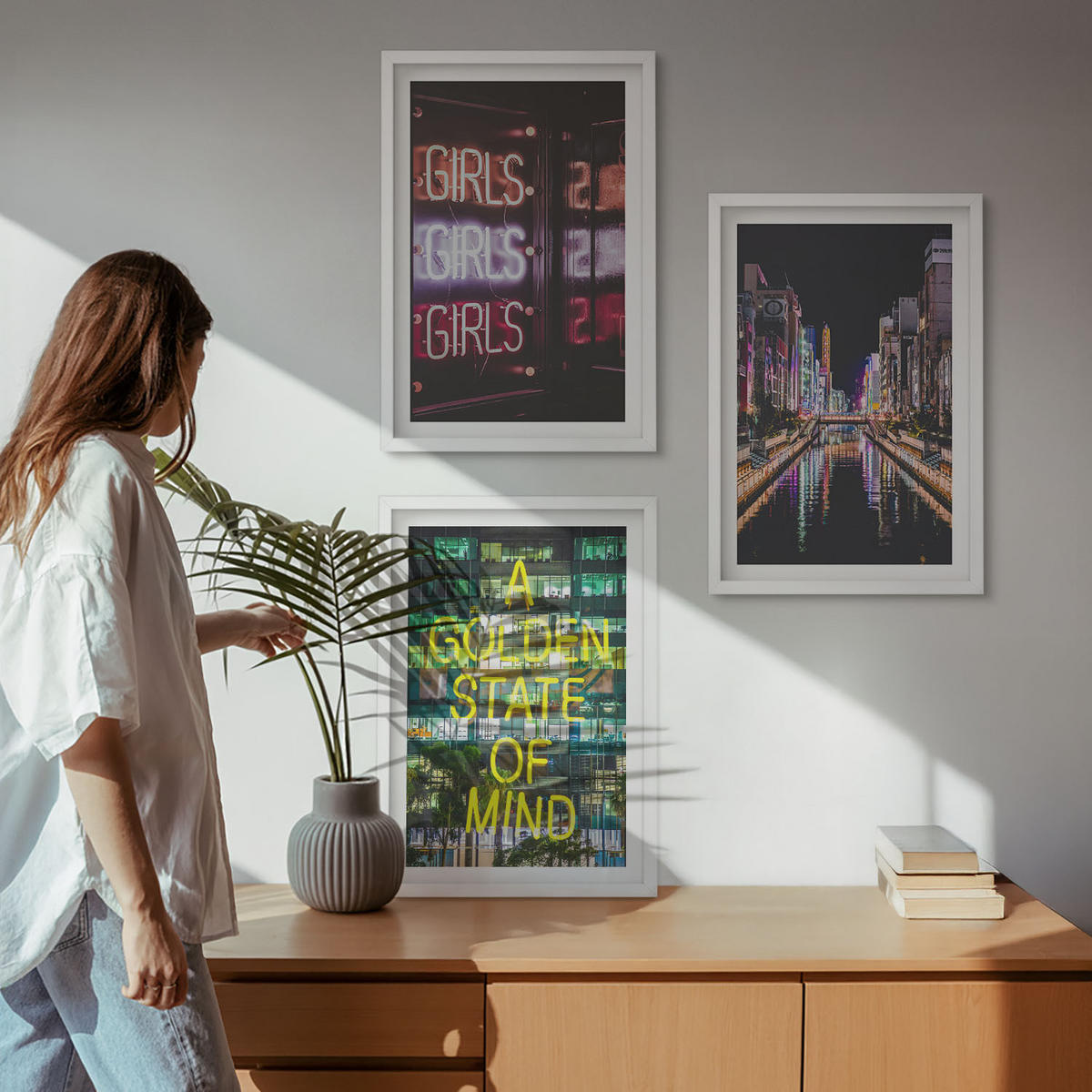 WANDBILDER 3er-Set - 40x60 cm Weißer Rahmen - Neonlichter am Fluss bei Nacht - Weiß, Kunststoff (40/60cm) - ArtPrintCave