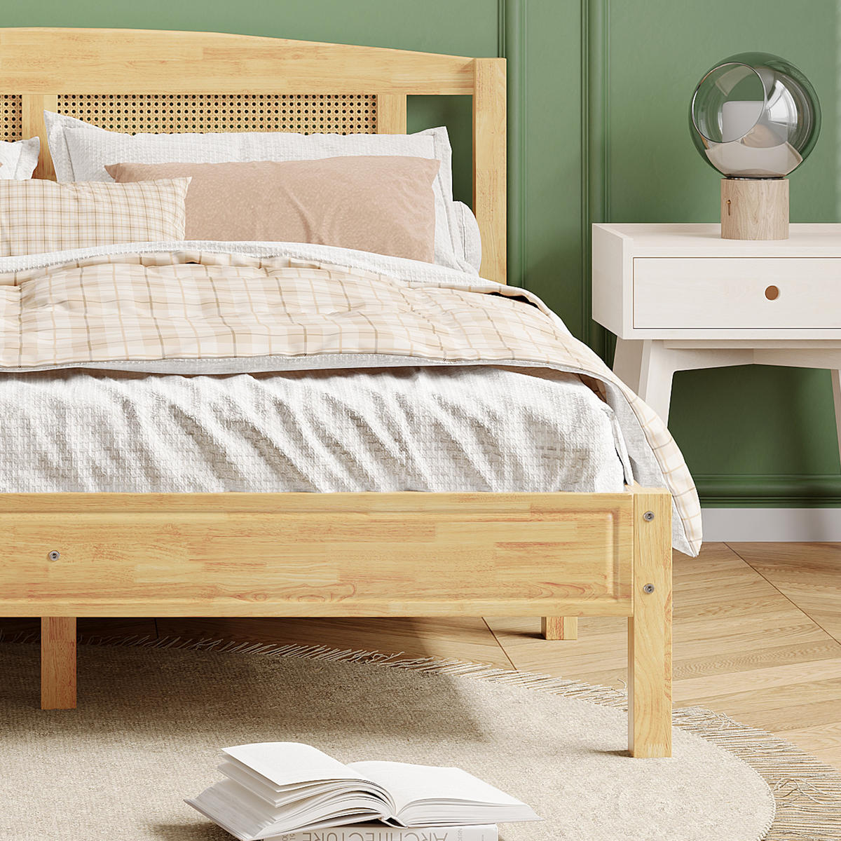 DOPPELBETT 160/200 cm Natur Rattanbett mit stabilen Mittelfüßen aus Kiefer - Naturfarben, Holzwerkstoff (160/200cm) - OKWISH